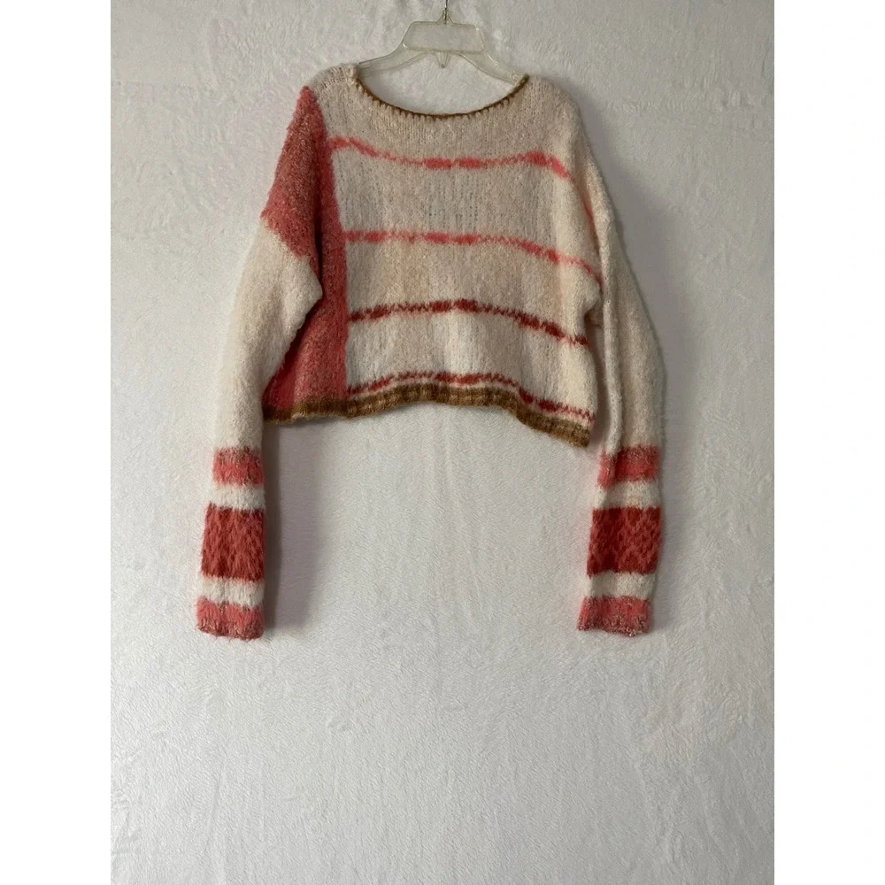 Free People Fuzzy Crop Sweater Emerson Pullover Champagne Dream Combo Sz Medium